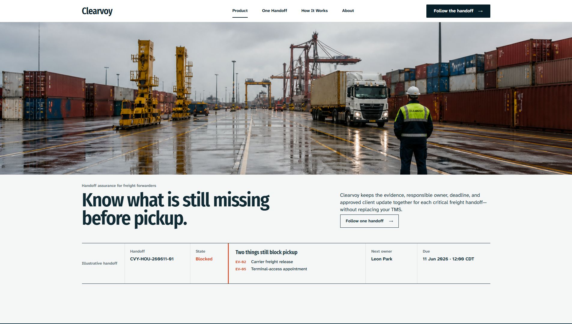 Clearvoy homepage showing a freight terminal and an attached blocked handoff state