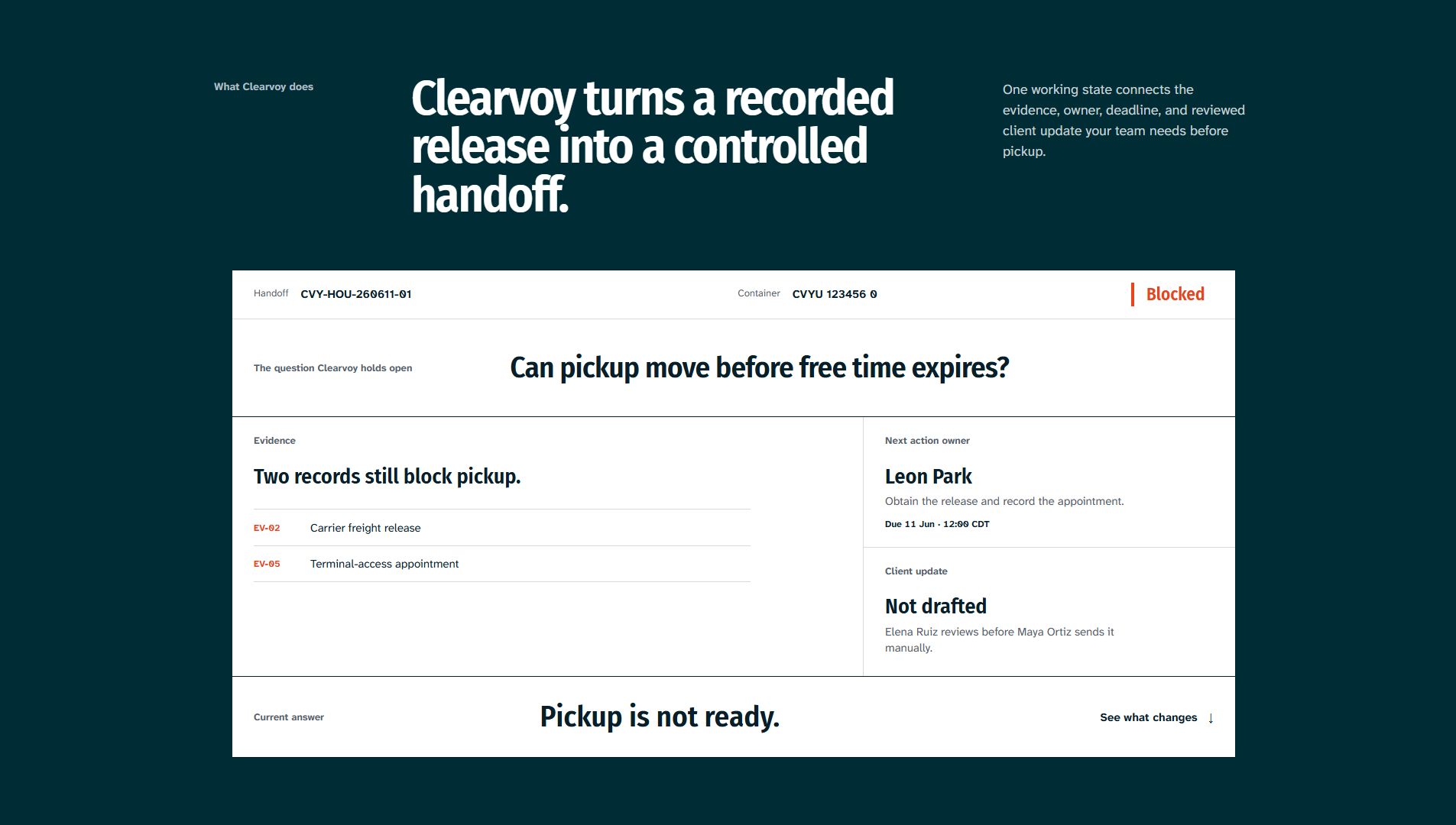 Clearvoy interface showing the evidence and owner for a blocked shipment handoff